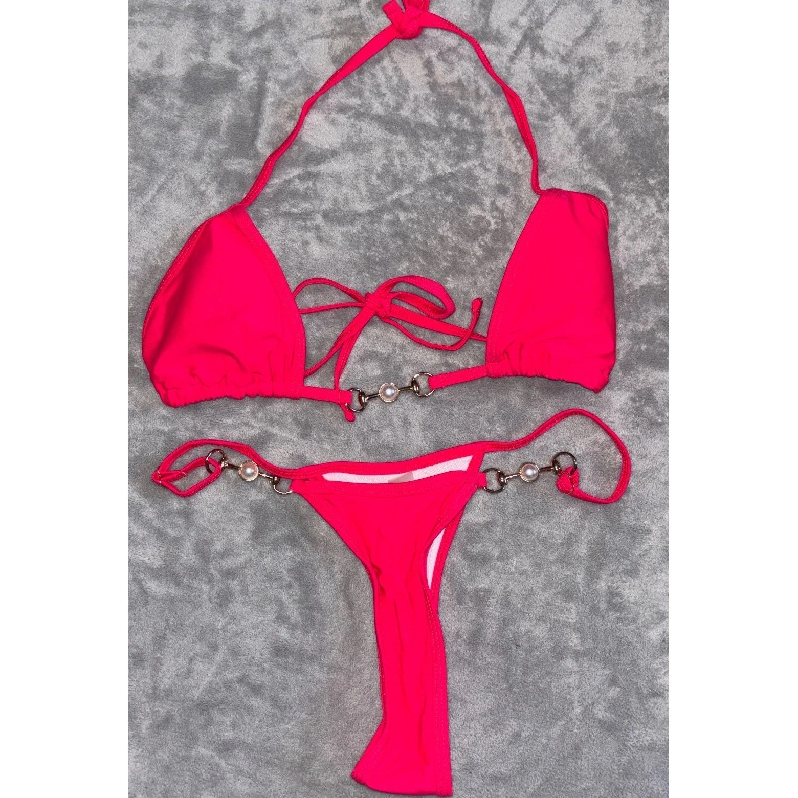 Womens Triangle Bikini Set Swimsuit Small Pink Pearl Gold Chain Link Halter Neck